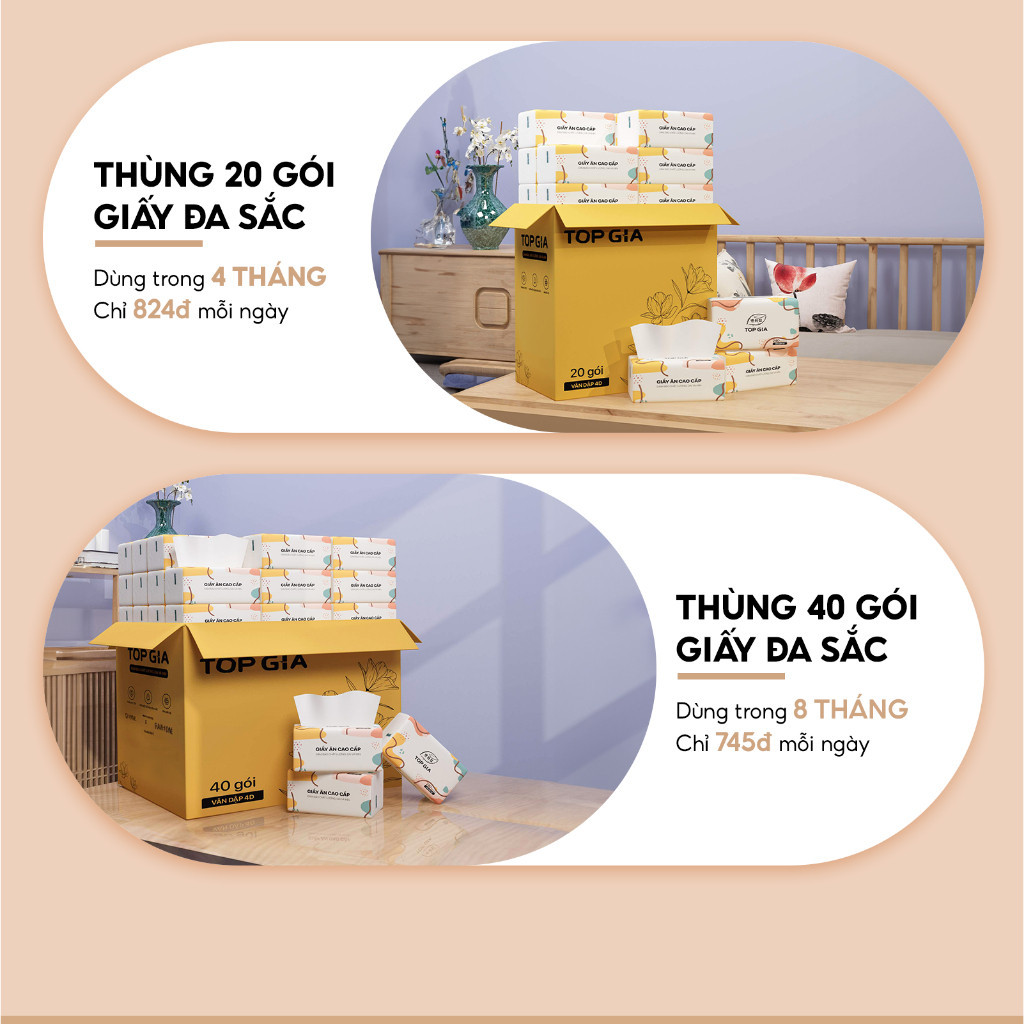Giấy ăn rút Topgia thùng 40 gói đa sắc cao cấp 240 tờ 4 lớp, dập vân 4D, mềm mịn, thấm hút tốt