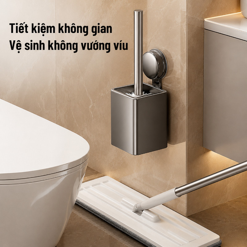 Chổi cọ bồn cầu gắn tường hút chân không chất liệu nhôm làm sạch toilet nhà tắm mọi ngóc ngách