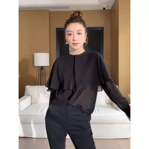 Áo choàng đen kiểu Pháp Áo sơ mi dài tay phong cách nữ mùa hè Phong cách mới Thiết kế sang trọng Rỗng Áo giảm tuổi