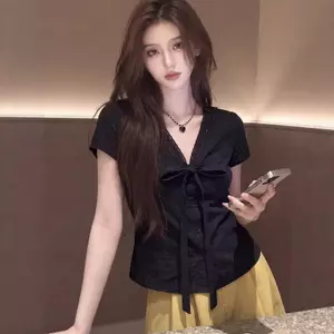 Áo sơ mi nơ ngắn tay cổ chữ V dành cho nữ mùa hè dáng rộng hẹp hơn trông cao cấp