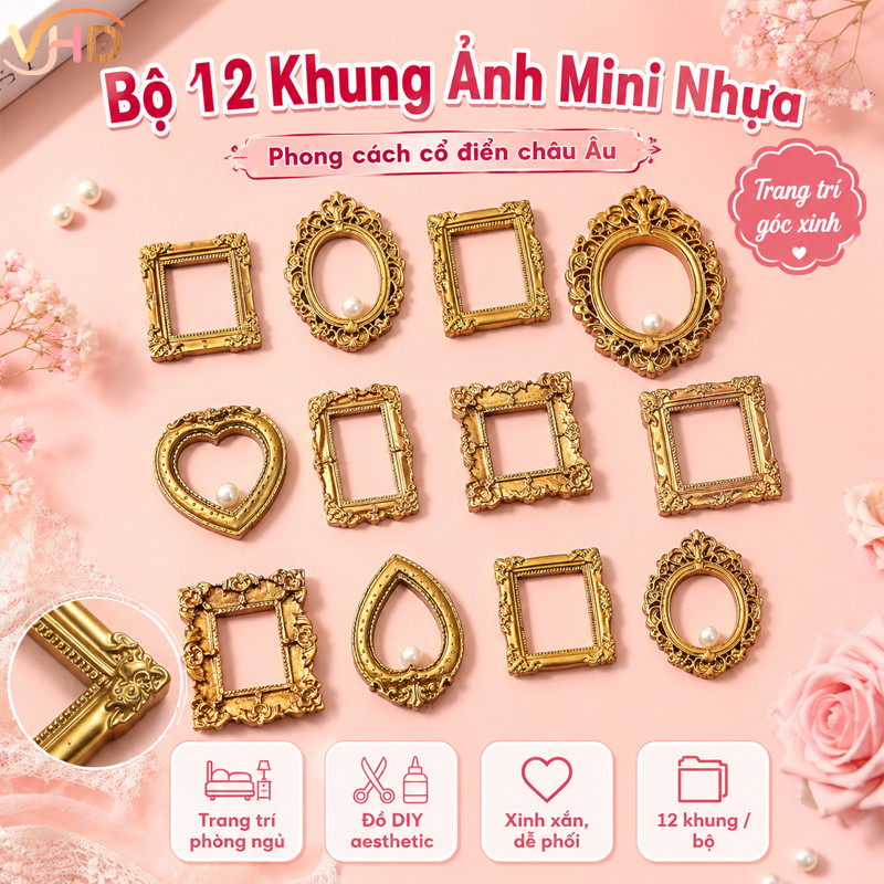Bộ 12 Khung Ảnh Mini Nhựa – Phong Cách Cổ Điển Châu Âu, Trang Trí Phòng Ngủ, Đồ DIY Aesthetic Xinh Xắn