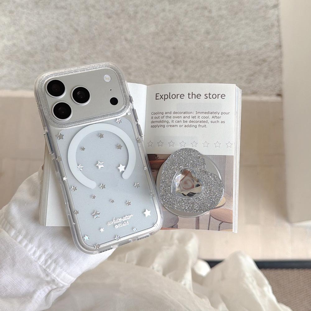 Ốp lưng cứng trong suốt Tương thích với iPhone 13 14 14Pro 14ProMax 15 15Pro 15ProMax 16 16Pro 16ProMax 17 17Pro 17ProMax Vỏ nam châm họa tiết ngôi sao bạc