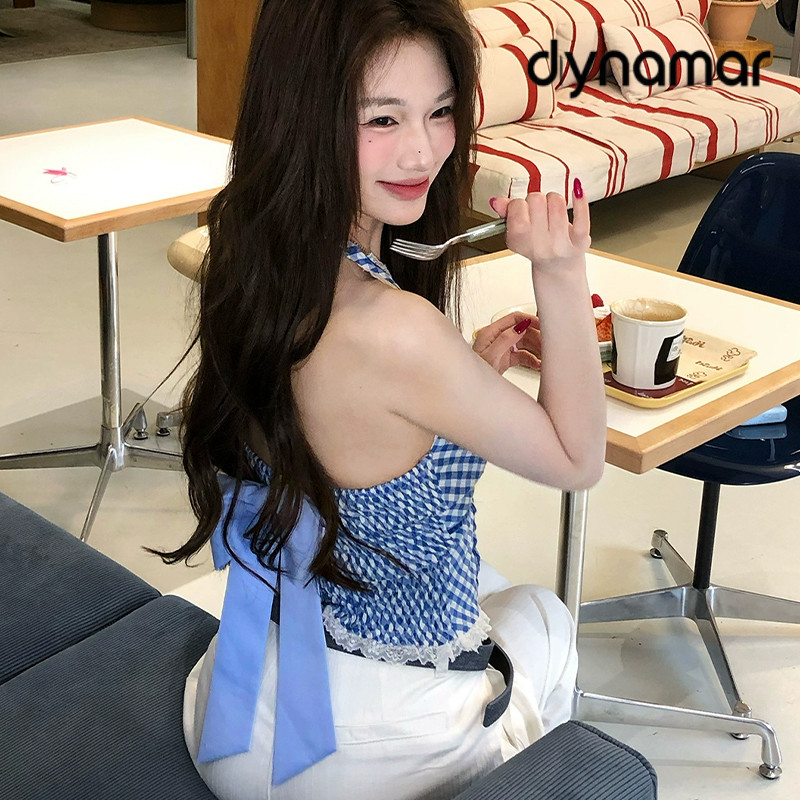 【dynamar】Áo hai dây kẻ caro nữ mùa hè, phối ren, cổ chữ V, kiểu dáng gợi cảm, quyến rũ.
