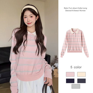 Áo len dài tay cổ bẻ phong cách retro dành cho nữ, kiểu dáng thanh lịch, kẻ sọc.