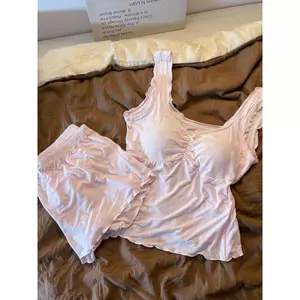 Phong Cách Hàn Quốc Pure Desire Heart Suspender Quần Short Hai Mảnh Bộ Đồ Ngủ Nữ Mùa Hè Áo Vest Màu Hồng Thoải Mái Homewear Có Miếng Lót Ngực