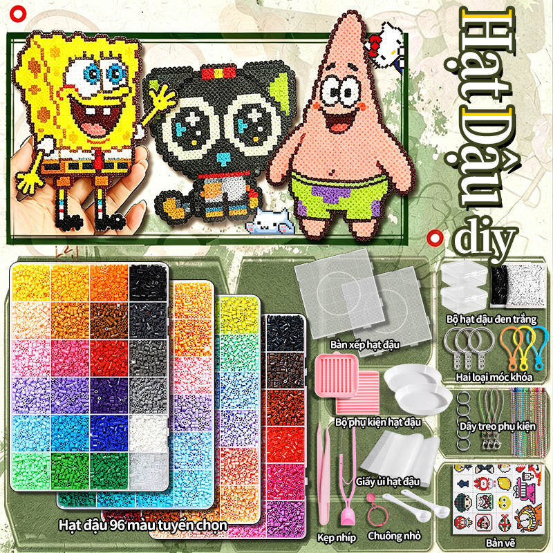 Bộ hạt xếp hình full set 24/48/96 mẫu handmade nhẵn mịn bàn ủi an toàn cho bé quà sinh nhật sáng tạo