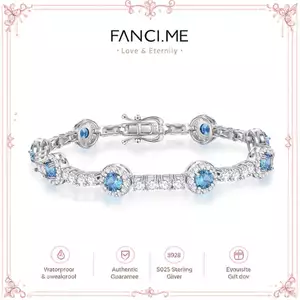FANCIME "Noble Allure" Tháng Mười Hai Đá Sinh Nhật Xanh Topaz Station Tennis Sterling Bạc Vòng Tay
