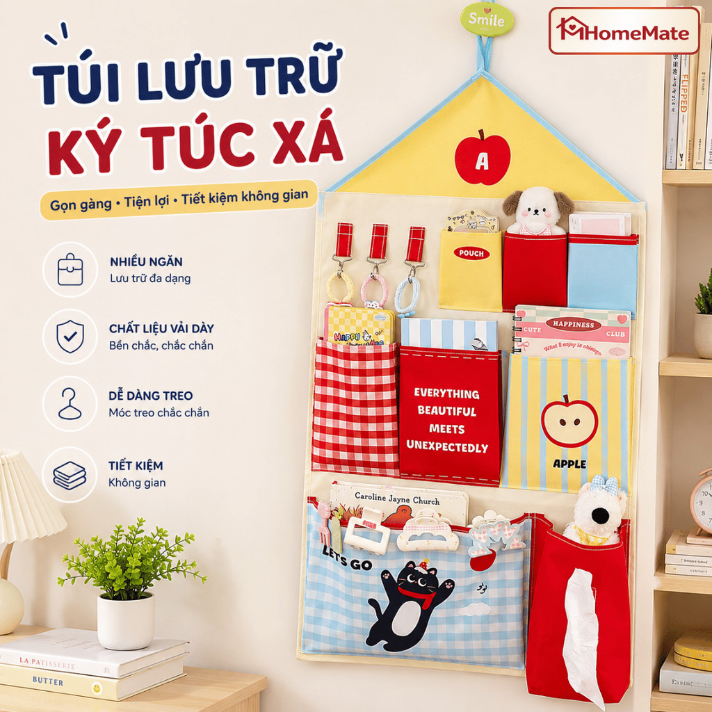 Túi Treo Tường Canvas HomeMate Nhiều Ngăn Có Hộp Đựng Giấy Rút, Túi Lưu Trữ Ký Túc Xá Đựng Đồ Lót Mỹ Phẩm Dễ Thương