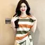 Bộ đếm mùa hè dành cho nữ Phong cách mới thắt nút không đều Cổ tròn sọc tay ngắn Vỏ bọc bụng Slimm