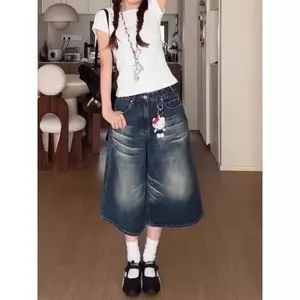 Quần short Denim giặt kiểu cổ điển của Mỹ dành cho nữ Mùa hè Phong cách mới lưng cao chân rộng dáng rộng Quần crop thẳng