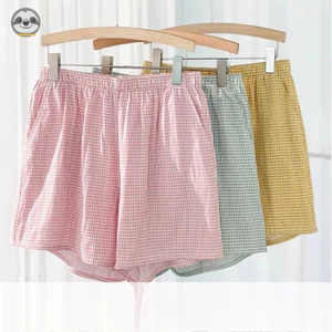Phong cách Nhật Bản Muji Style / Quần short kẻ sọc sợi hai lớp Cotton nguyên chất phong cách cặp đôi / Quần short mỏng Dopamine mùa hè / Nam nữ có thể mặc bên ngoài quần ở nhà