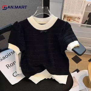 AN.MART Mùa Hè Ngọt Ngào Rỗng Ra Dệt Kim Nữ Màu Sắc Tương Phản Tròn Ne Tay Ngắn Crop Top VN