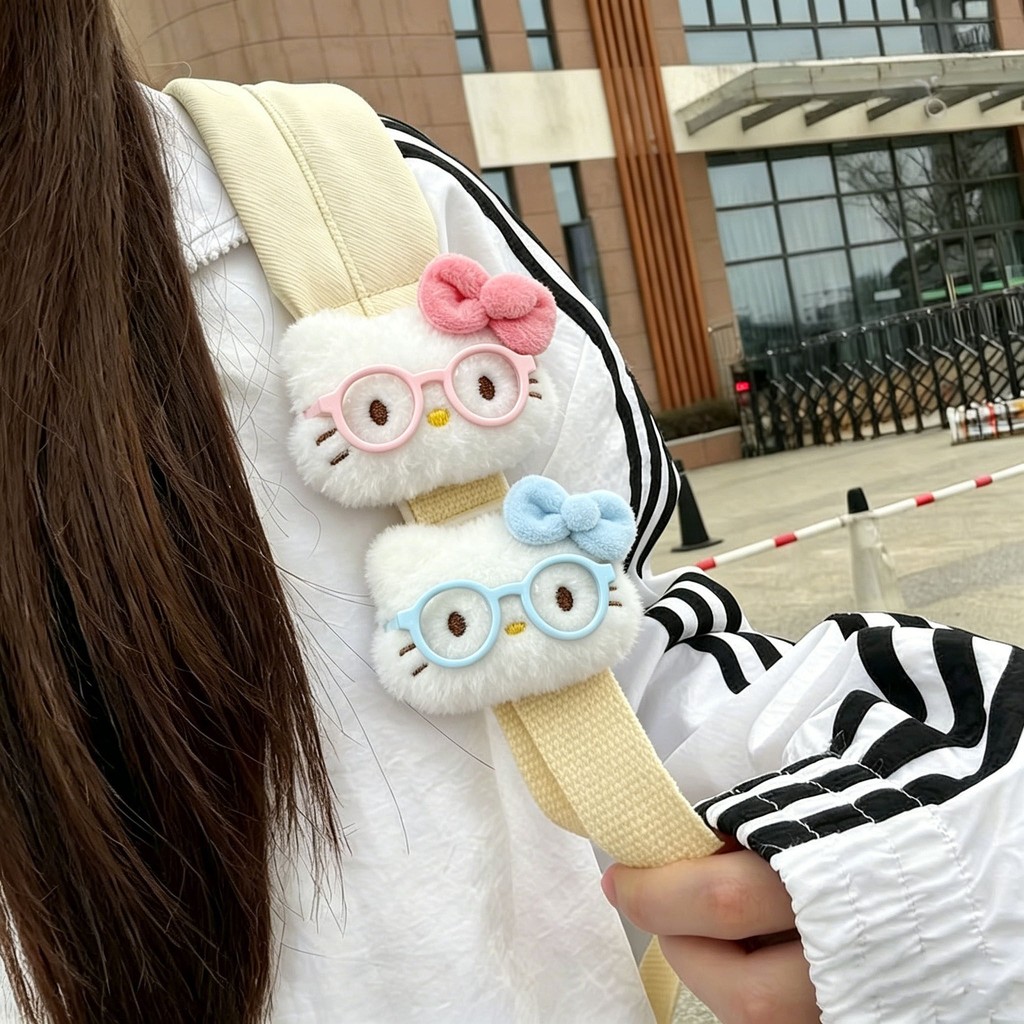 Kẹp dây đeo vai sang trọng Kitty dễ thương, Phụ kiện ba lô hoạt hình đáng yêu có kính & nơ