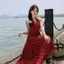 Kích thước lớn Phong cách Pháp Tính khí phong cách Hồng Kông Retro chấm bi chấm dây Váy mùa hè có dây mỏng hơn Váy dài eo hẹp dành cho nữ