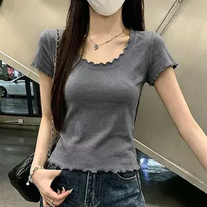 Agaric Edge Mùa hè giảm tuổi phong cách ngắn eo cao phù hợp với dáng ôm ngắn tay màu trơn phiên bản Hàn Quốc T-