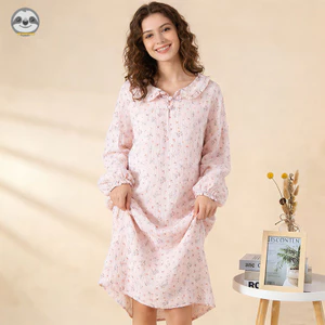 Cổ búp bê có nút dành cho nữ Váy ngủ Cotton nguyên chất / Váy dài tay mùa xuân thu / Váy dài thoải mái có thể đi chơi