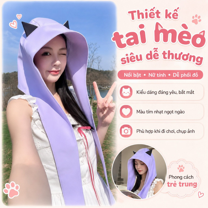 Mũ Chống Nắng Nữ Tai Mèo, Mũ Trùm Đầu Chống Nắng Che Cổ Chống UV, Form Rộng Dễ Thương