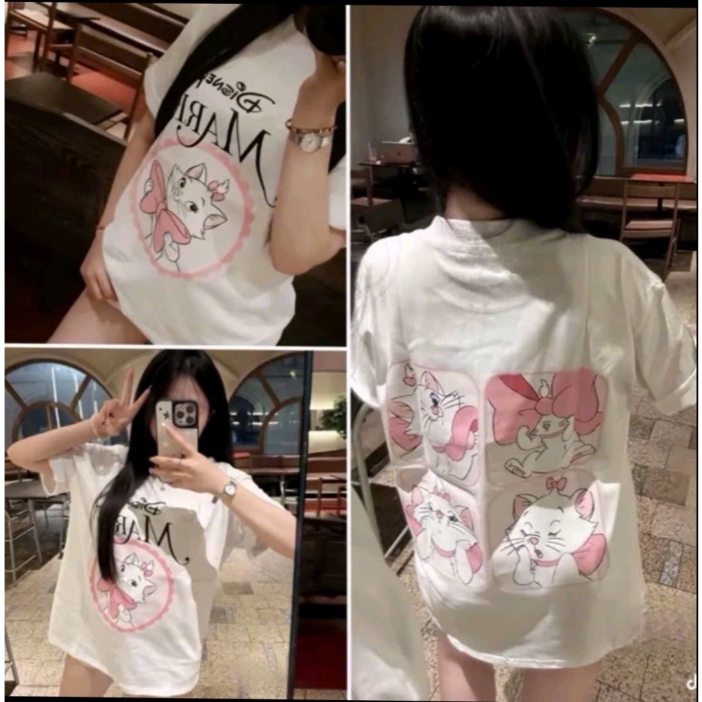 （Giao hàng 24h）Angela Áo Phông Nam Nữ Form Rộng In Mèo marie nơ hồng siêu xinh, cotton hai chiều basic phối đồ siêu dễ