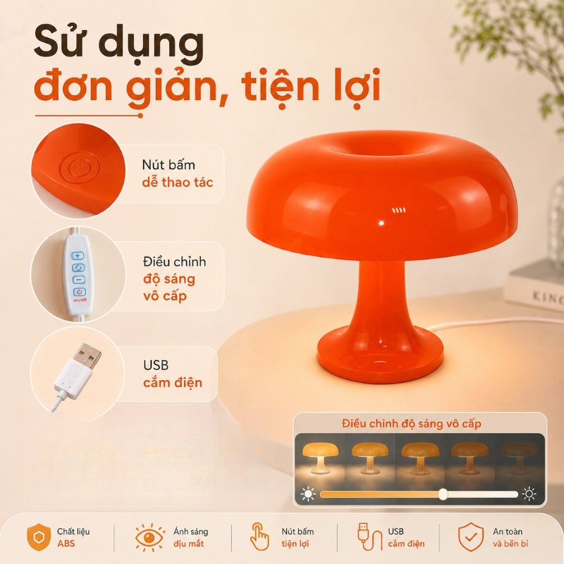 Đèn Bàn Hình Nấm Màu Cam – Chụp Nhựa Acrylic, Phong Cách Hiện Đại Tối Giản, Để Đầu Giường, Sạc USB