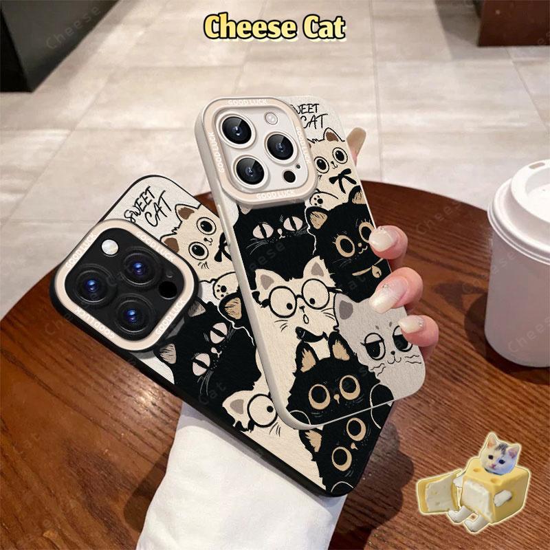 Ốp điện thoại gọng tròn kính mèo đen cho iPhone 16 13 14 15 Plus 11 12 17 Pro Max XR Xs Max 7Plus 6 8 SE