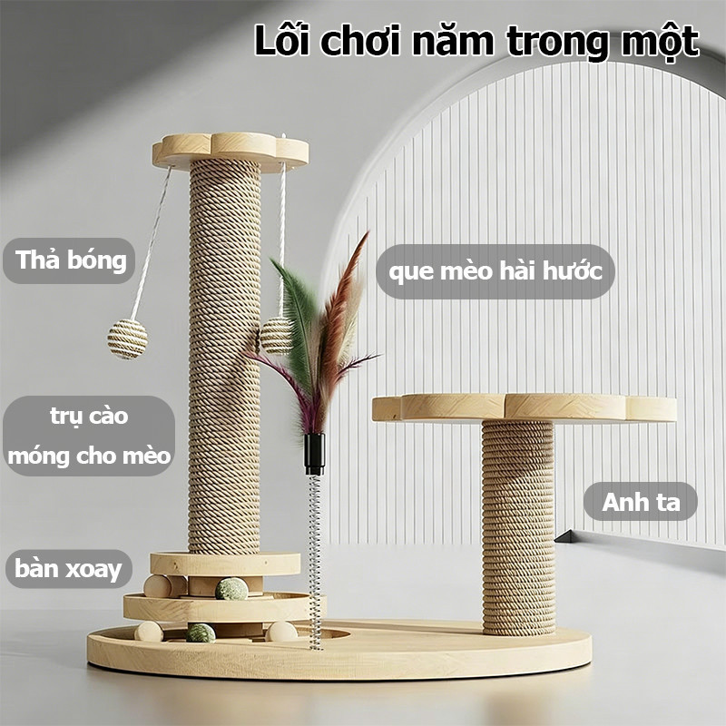 Trụ cào móng kèm đồ chơi bóng,5 trong 1,Giúp mèo cào móng và vui chơi thỏa thích,Giá leo mèo, có lông vũ