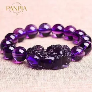 PNPIA- Vòng tay thạch anh tím Pixiu Mang theo Luy Wealth Phong thủy Trung Quốc Quái thú Hạt pha lê Vòng tay dự tiệc Quà tặng sinh nhật nam giới
