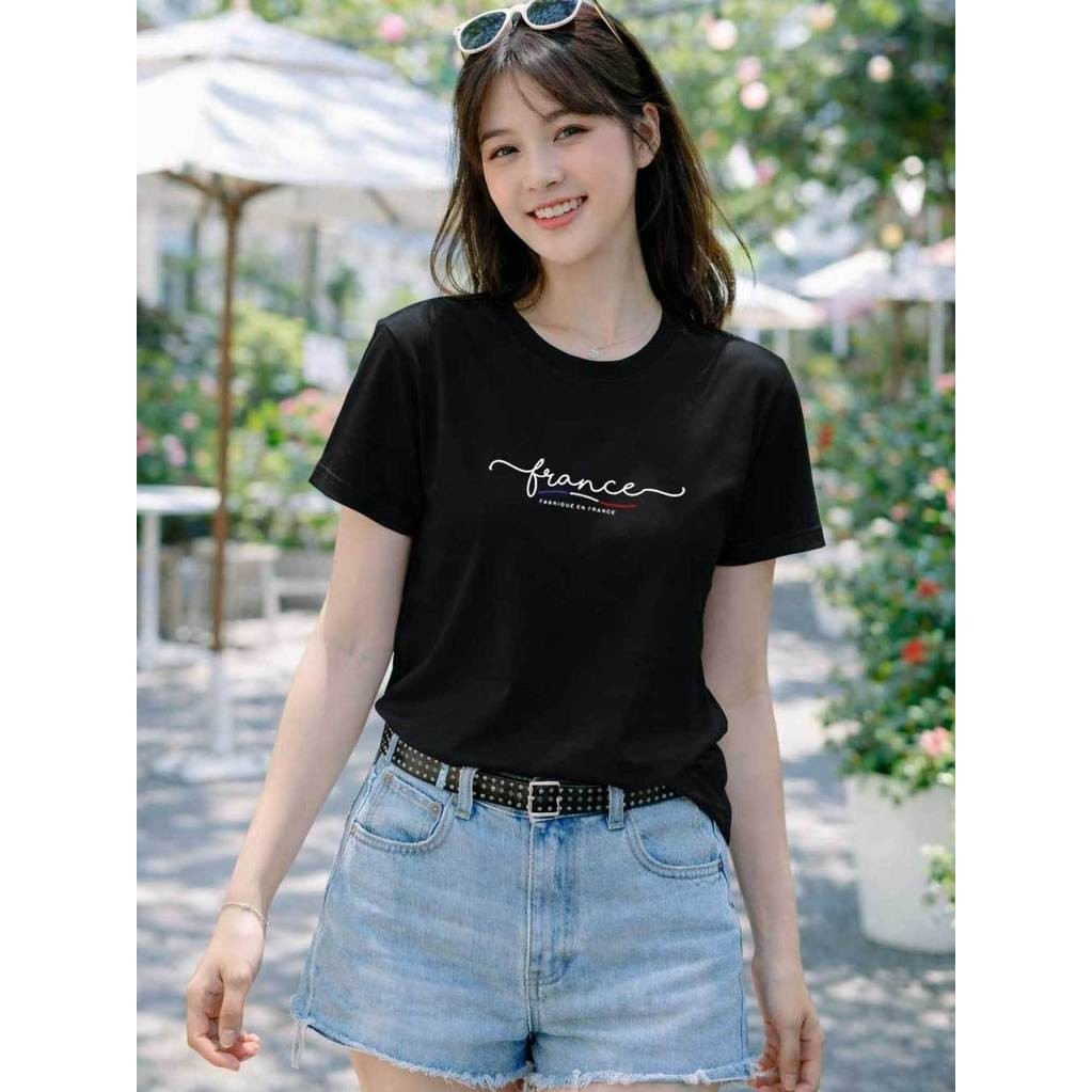 （Giao hàng 24h）Angela Áo thun nữ cổ tròn In chữ France, form vừa dáng, vải cotton  4 chiều mềm mại