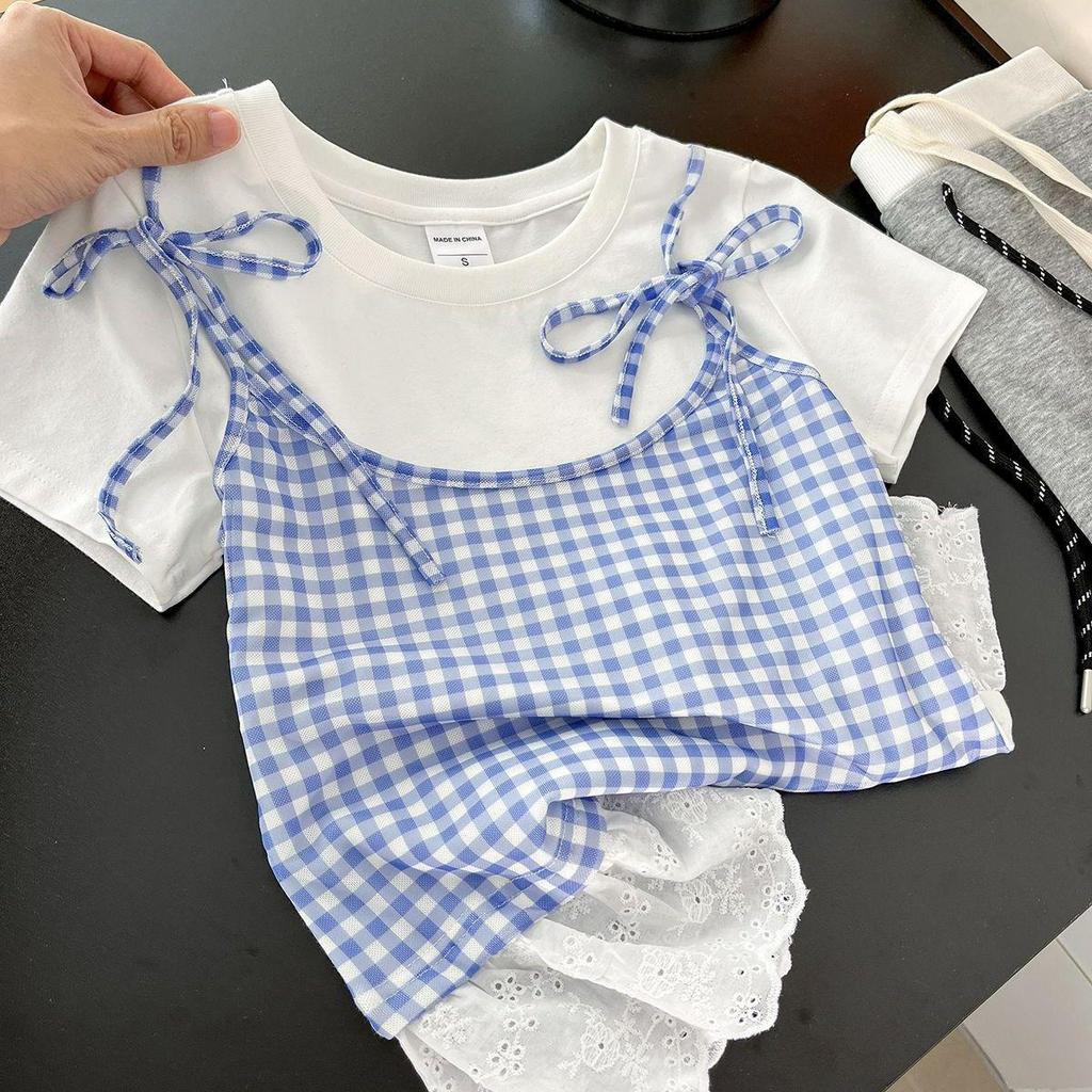 [Seckill trong thời gian có hạn] Áo thun ren nơ phong cách Hàn Quốc Màu xanh trắng kẻ sọc khâu vai trước ngắn tay cho nữ kỳ nghỉ hè Áo phong cách ba lê hai mảnh
