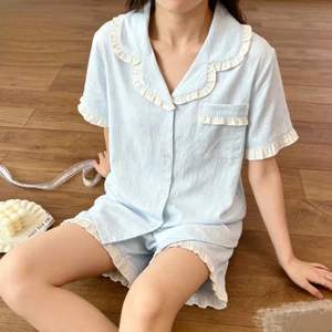 Phụ Nữ Cardigan Loungewear Set Ren Chắc Chắn Thiết Kế Viền Cho Trong Nhà Thư Giãn Hàng Ngày Trong Mùa Ấm Áp Và Thoáng Mát Sử Dụng Hàng Ngày