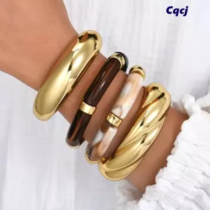 CQCJ Vòng Tay Nhựa Không Đều, Bộ Lắc Tay Nhựa Punk Dày, Vintage Ống Tre Rộng Xếp Chồng Vòng Tay Bộ Trang Sức