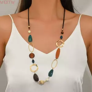 WEETW Hình Học Choker, Vòng Cổ Vòng Cổ Hình Dạng Không Đều Rỗng, Phong Cách Bohemian Giả Mã Não Hạt Gỗ Dài Lớp Trang Sức Bohemian Đảng