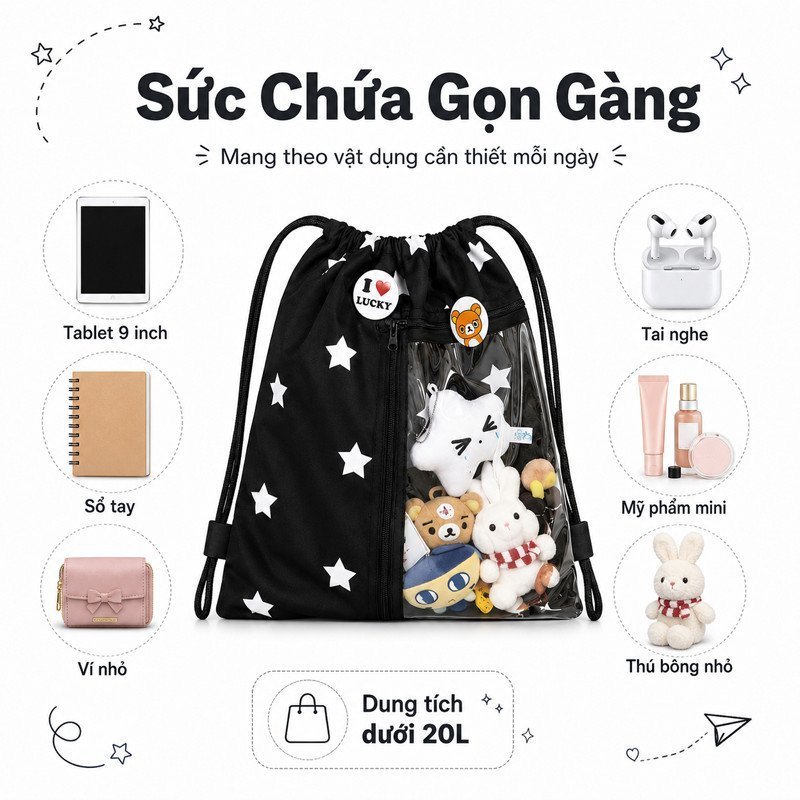 Balo rút dây nylon chống thấm ngăn trong suốt dung tích rộng cho học sinh đựng iPad sách điện thoại
