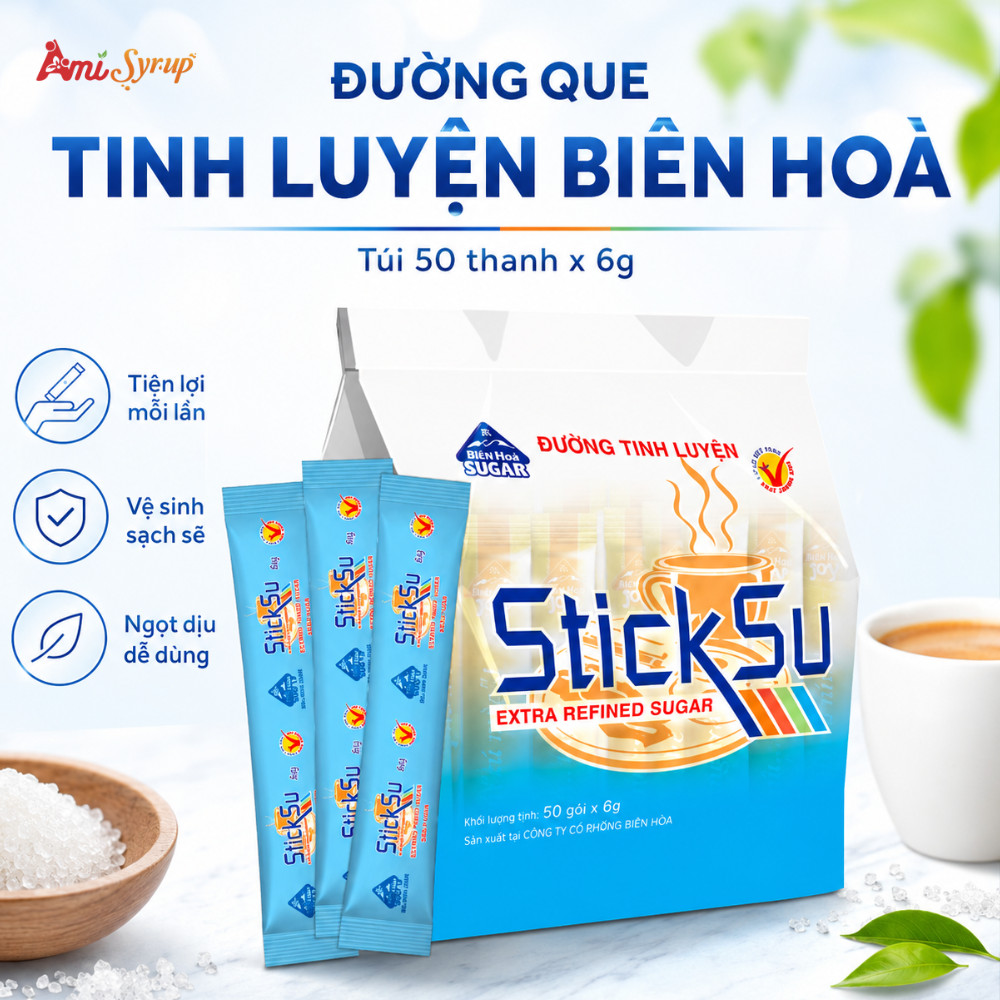 Đường Que Tinh Luyện Biên Hoà (Túi 50 Thanh x 6g) - Đường que dùng pha trà, cafe tiện lợi
