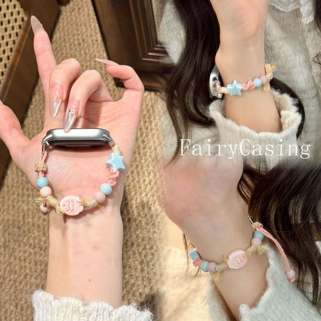 Màu Hồng Cá Gốm Hạt Dệt Dây Đeo Cho Xiaomi Mi Band 10 9 8 Pro 7 6 5 4 3 Vòng Tay Cho Redmi Watch 6 5 4 Dây Đeo Tay