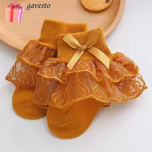 GAVESTO Tất Ruffle đến mắt cá chân cho trẻ mới biết đi, Tất ren mềm mại mỏng cho bé gái, Tất nơ công chúa thoáng khí vừa vặn hai lớp