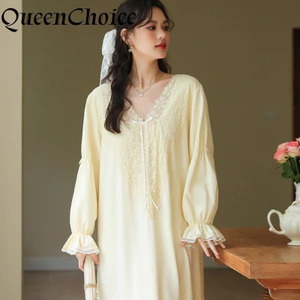 Phụ Nữ Màu Vàng Cotton Dài Tay Váy Bộ Đồ Ngủ Vintage Váy Ngủ Nữ Váy Ngủ Đồ Ngủ