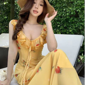 Váy hoa phong cách ngày lễ cổ chữ V màu vàng dành cho nữ có viền ren hai lớp, váy dài giảm béo