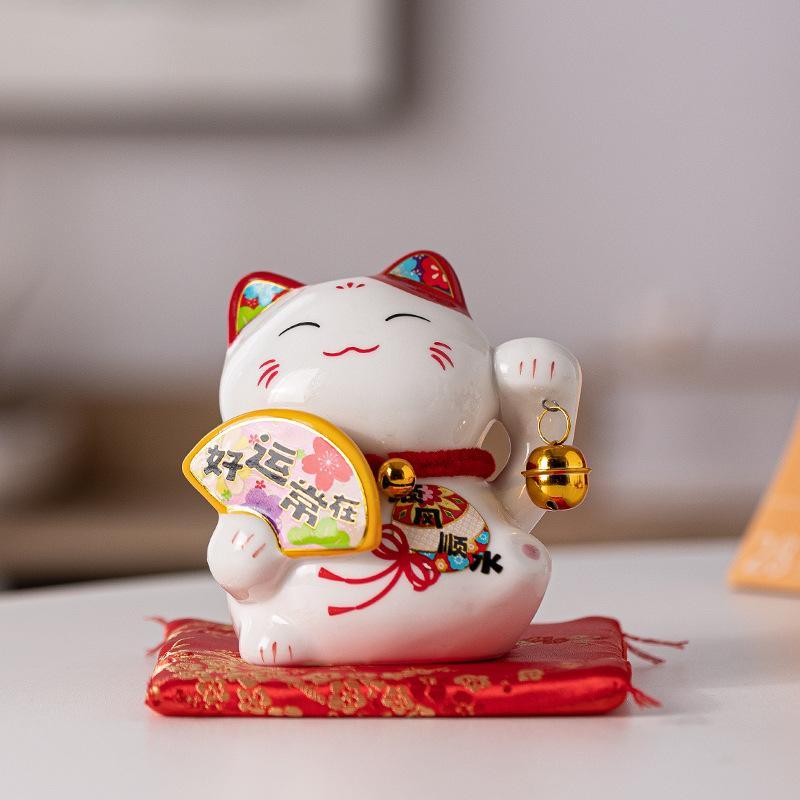 Mèo thần tài mini cao 11cm gốm sứ tượng chiêu tài trang trí bàn làm việc quầy thu ngân quà tân gia