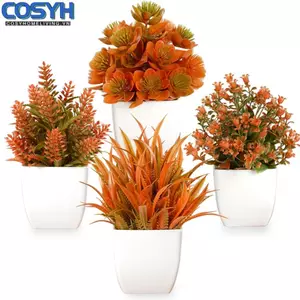 <cosyh>Fall Themed Artificial Plants Set of 4 Small Faux Plants for Desk Bathroom Decor