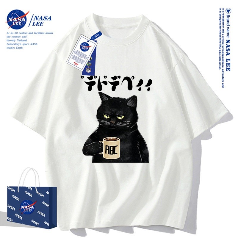 （Giao hàng 24h）Angela Áo Thun Unisex NASA LEE - Mèo Đen 'Cà Phê' Vui Nhộn - Mẫu Mới Hè 2026, Chất Streetwear