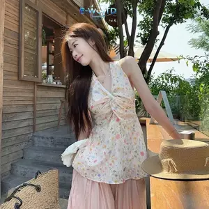 E-WOITD Mùa Hè Hàn Quốc Ngọt Ngào Hoa Xoắn Halterne Áo Vest Thường Ngày Cho Nữ E-WOITD
