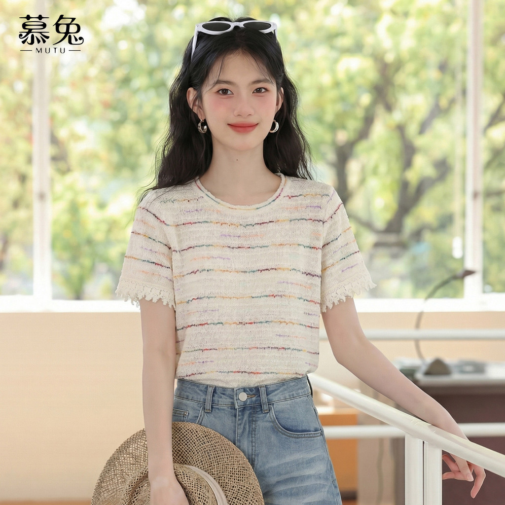 Mutu Retro Sọc Áo Len Ngắn Tay Phong Cách Mới Nữ 2026 Phong Cách Phương Tây Cổ Tròn Vai Trước Rời Sli
