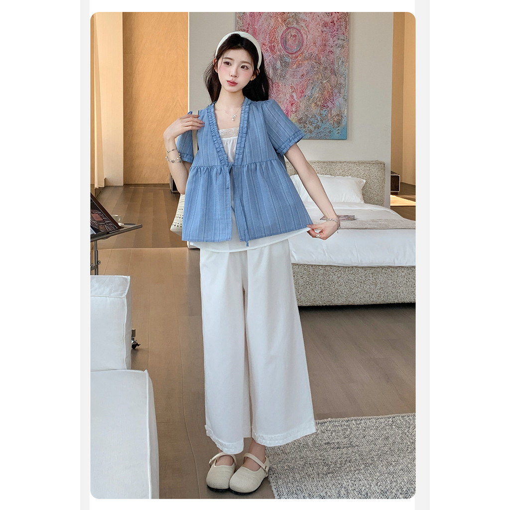 Bộ đồ bà bầu Mùa hè Nấm cạnh dáng rộng Áo sơ mi em bé + Quần ren Bộ đồ hai mảnh