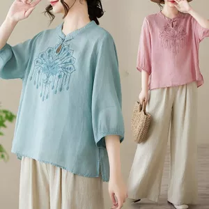 Mặc của Mẹ Giảm Tuổi Tay Ngắn Cổ Đứng Có Nút Thêu Vải Lanh Cotton Giữa Tay Áo Thun Nữ Phù Hợp Với Nữ 5.26
