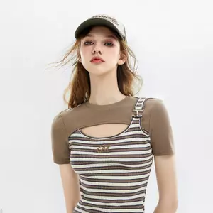 MEETLADY Váy ngắn dệt kim sọc nóng bỏng dành cho nữ Thiết kế mùa hè Váy hông hai mảnh giả