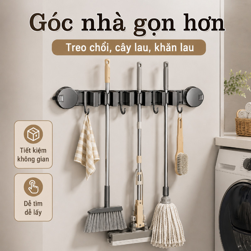 Thanh móc kẹp chổi,Hút Chân Không Gắn Tường,móc treo cây lau nhà đa năng dán tường,Không Hỏng Tường