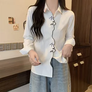 Tất Cả Trận Đấu Sẵn Sàng Thu Đông Phong Cách Mới Thời Trang Tươi Preppy Phong Cách Mèo Dễ Thương Thêu Trắng Dài Tay