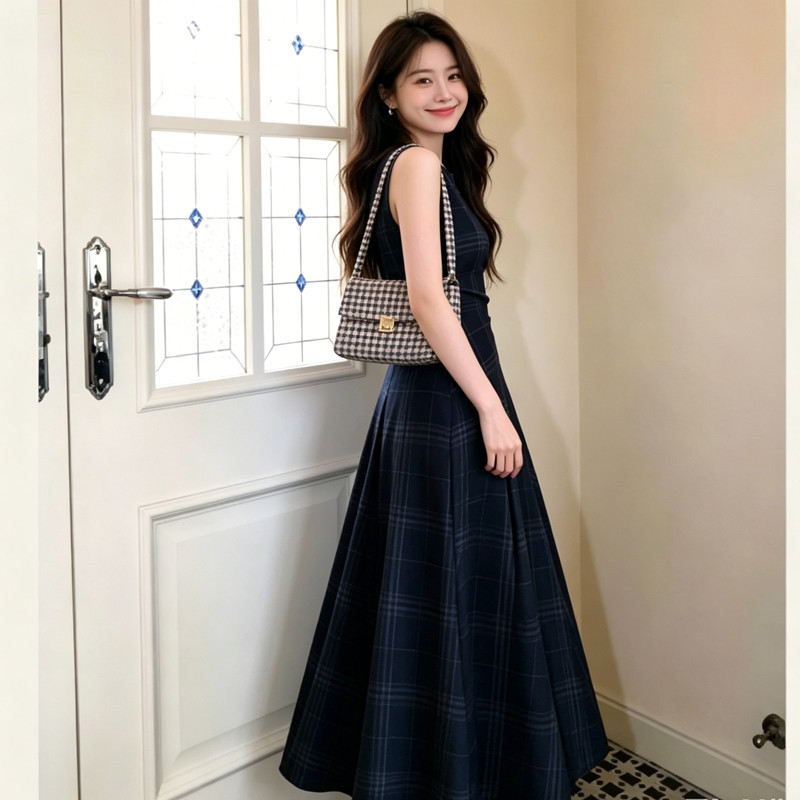 2026 Phong Cách Mới Retro Nhật Bản Tạp Chí Mặc Kiểm Tra Gạc Đầm Nữ Không Tay Hẹp Eo Ôm Hơn Nhìn Drap Váy Dài