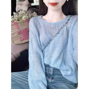 Áo len chui đầu dài tay rỗng mềm mại màu xanh lò xo dáng rộng phong cách lười biếng hàng đầu
