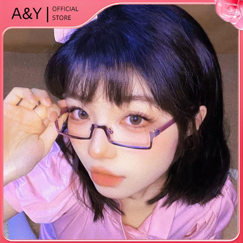 A & Y Y2K Anime Nhật Bản Khung Kính Cosplay Vuông Nhỏ Màu Đỏ Nửa Chiều Không Ống Kính Kính Kính Mắt Hình Chữ Nhật Kim Loại Thời Trang.